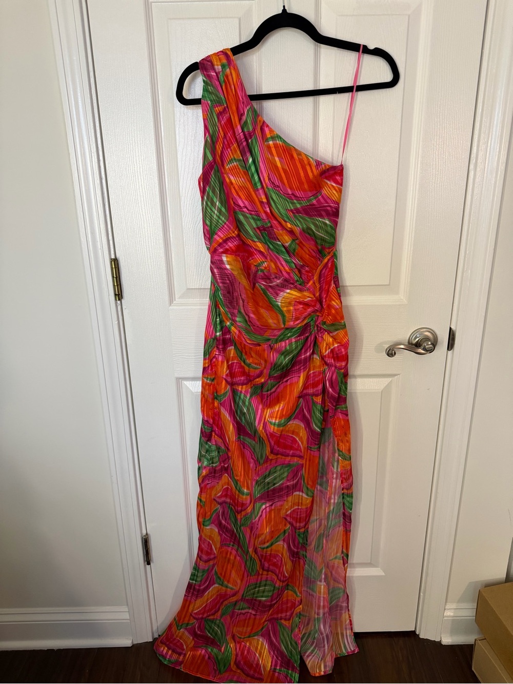 Luxxel One-Shoulder Pink & Orange Tropical Leaf Maxi Dress